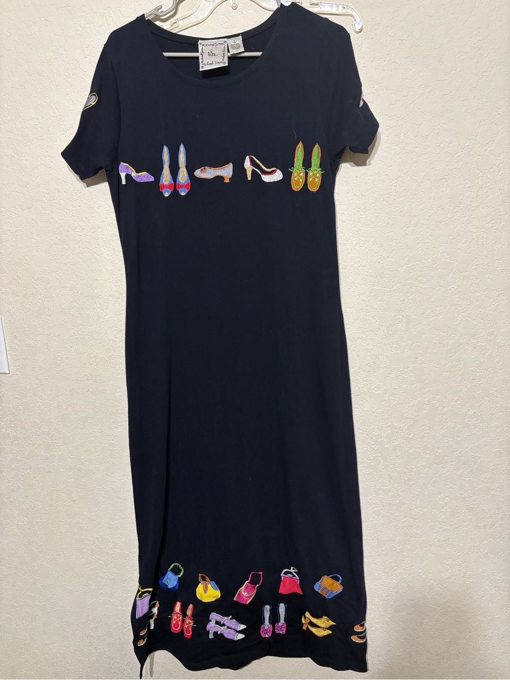 Michael Simon Black Maxi Dress with Multicolor Shoe Embroidery